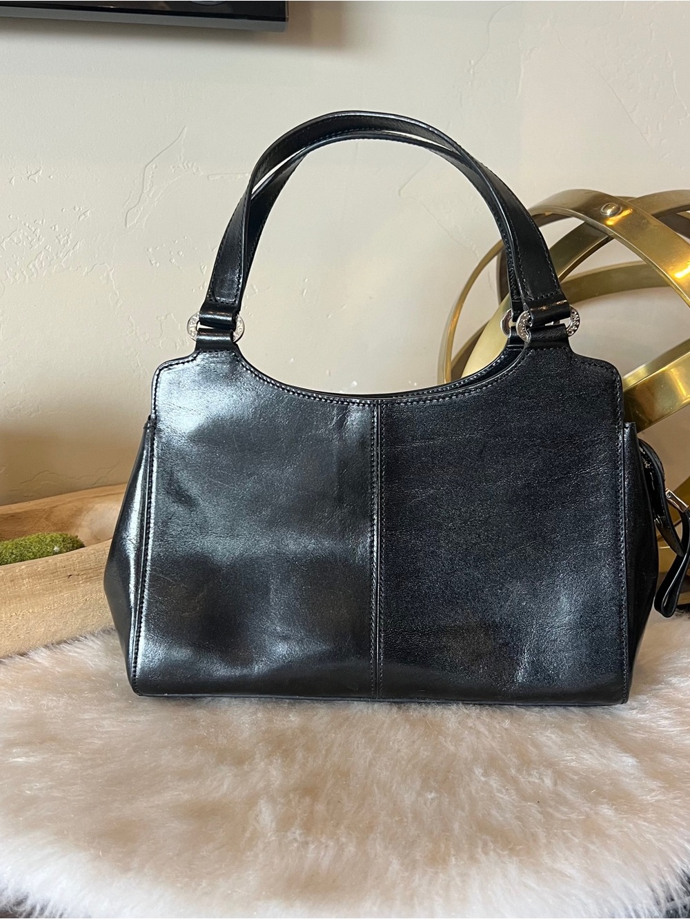 Vintage Monsac Original Black Leather Hand Bag Silver Hardware